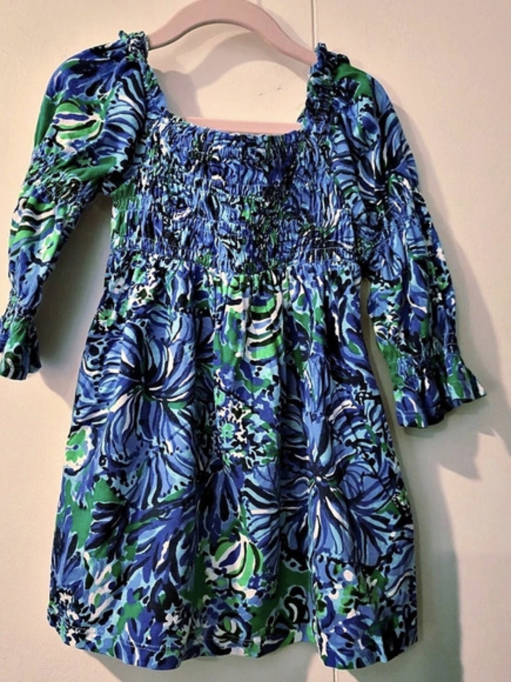 Lilly Pulitzer Beyonca Print Smocked Long Sleeve Dress Mini Dress Blue & Green
